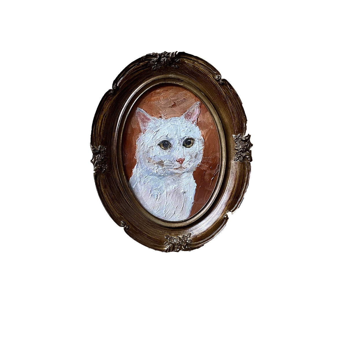 Vintage Oval White Cat Oil Painting — artwork detail and styling
