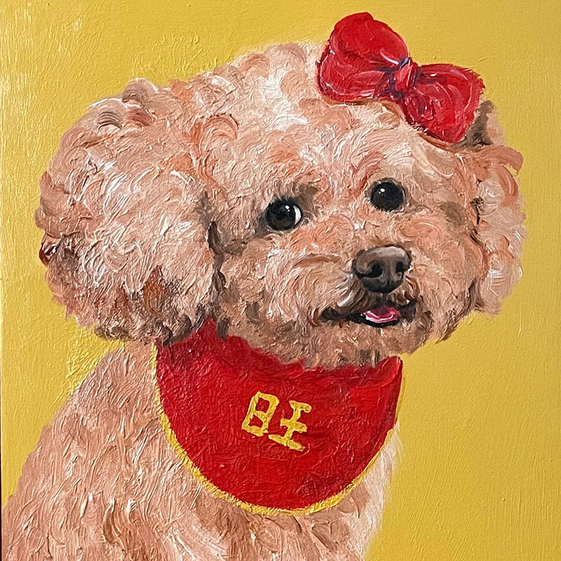 Red Bow Poodle Oil Painting