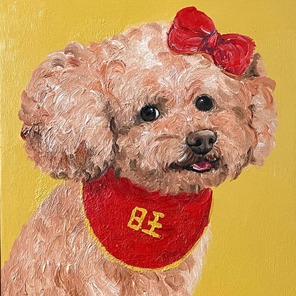 Red Bow Poodle Oil Painting