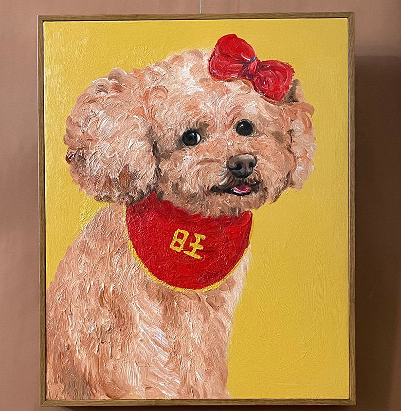 Red Bow Poodle Oil Painting