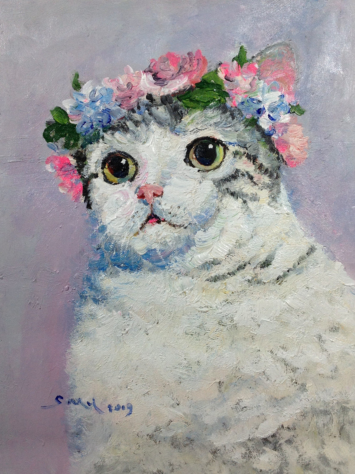 Flower Crown Cat Oil Painting