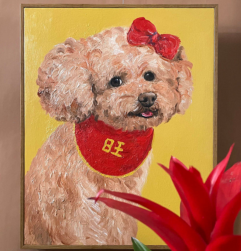 Red Bow Poodle Oil Painting