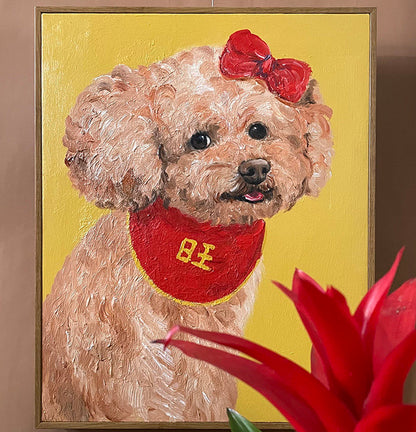 Red Bow Poodle Oil Painting