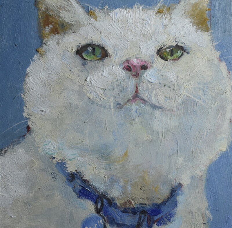 Blue Collar White Cat Oil Painting — artwork detail and styling