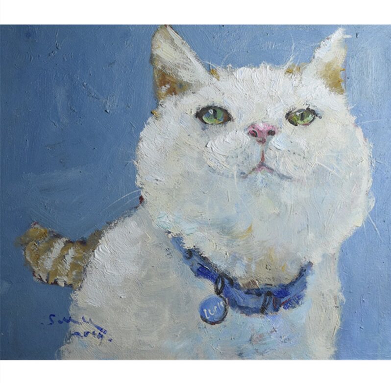 Blue Collar White Cat Oil Painting — artwork detail and styling