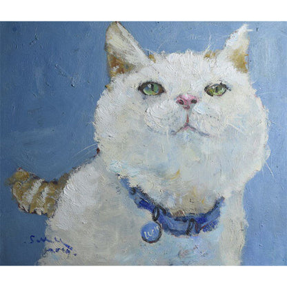 Blue Collar White Cat Oil Painting — complete artwork, square product image