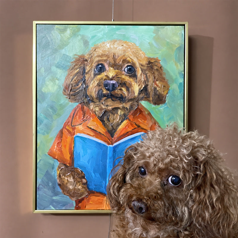 Bookworm Poodle Oil Painting — complete artwork, square product image