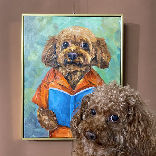 Bookworm Poodle Oil Painting — complete artwork, square product image