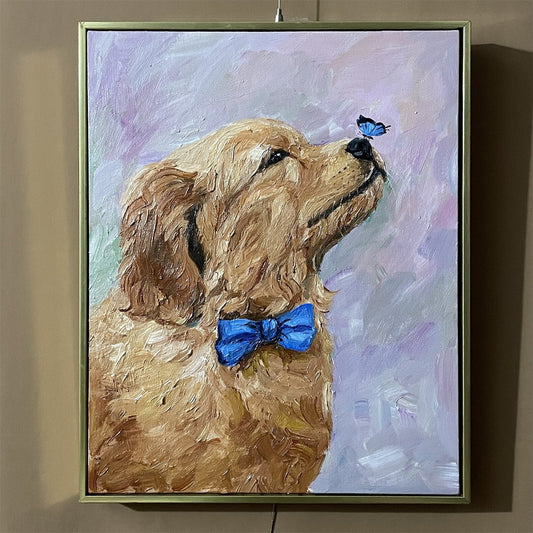 Butterfly Golden Retriever Oil Painting — complete artwork, square product image