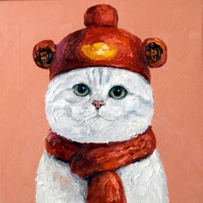 Cozy Winter Cat Oil Painting — complete artwork, square product image