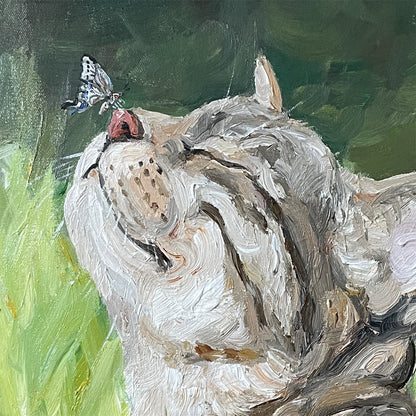 Garden Butterfly Cat Oil Painting — artwork detail and styling