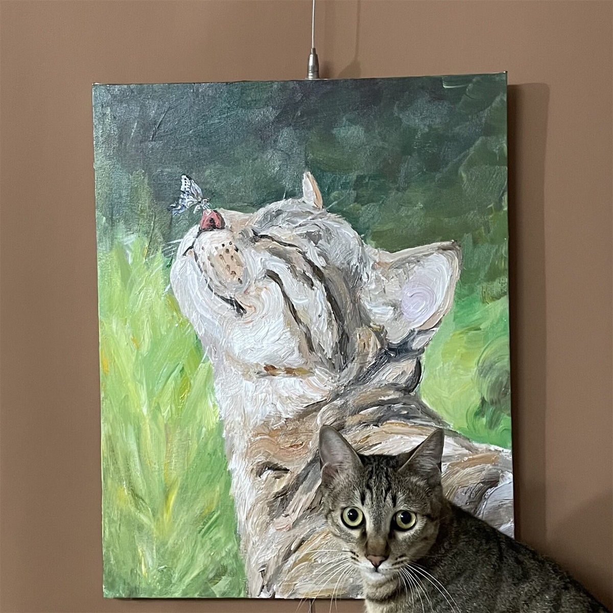 Garden Butterfly Cat Oil Painting — artwork detail and styling