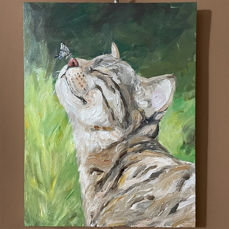 Garden Butterfly Cat Oil Painting — complete artwork, square product image