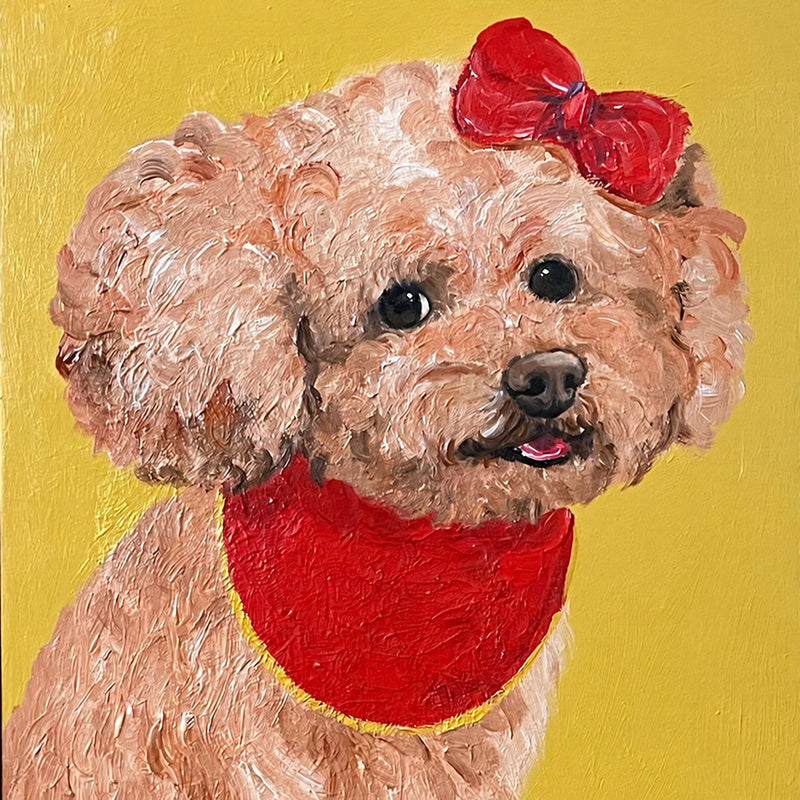 Red Bow Poodle Oil Painting — complete artwork, square product image