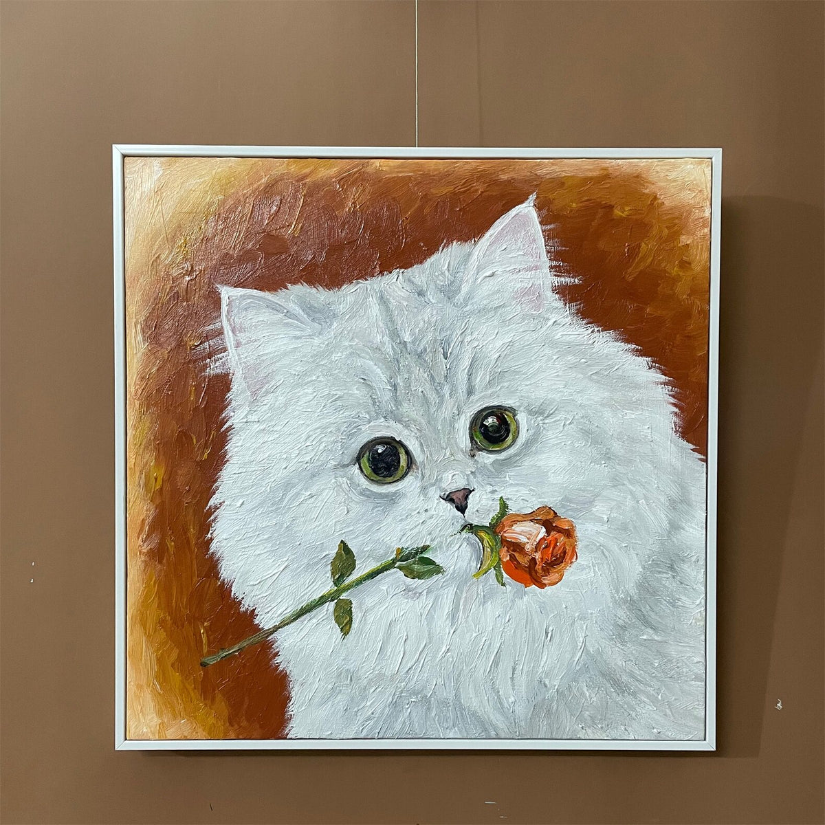 Rose-Bearing White Cat Oil Painting — full artwork