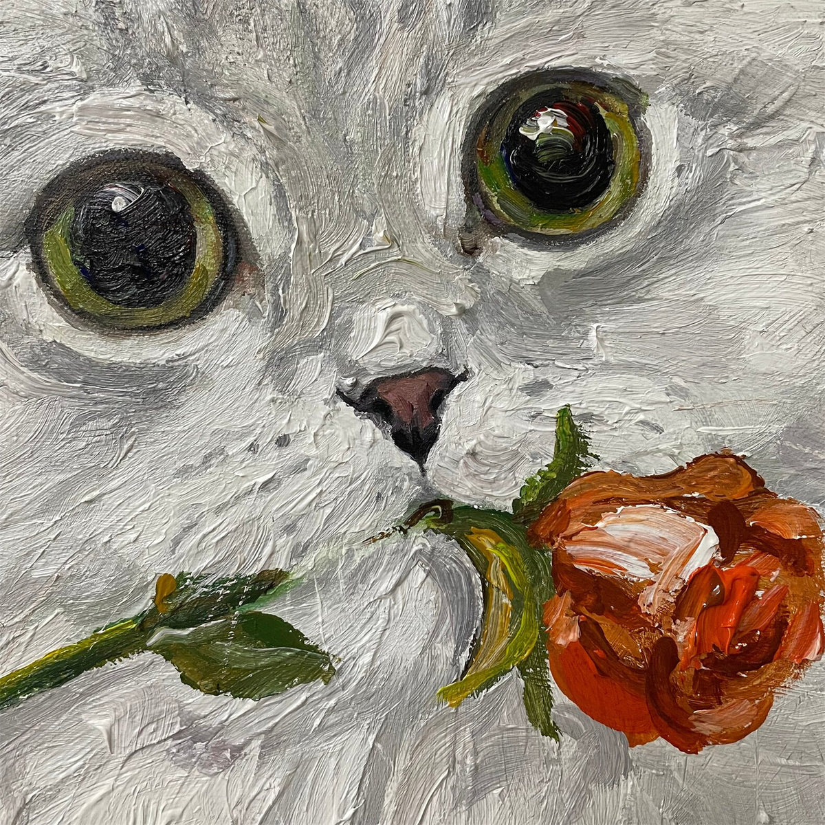 Rose-Bearing White Cat Oil Painting — artwork detail and styling