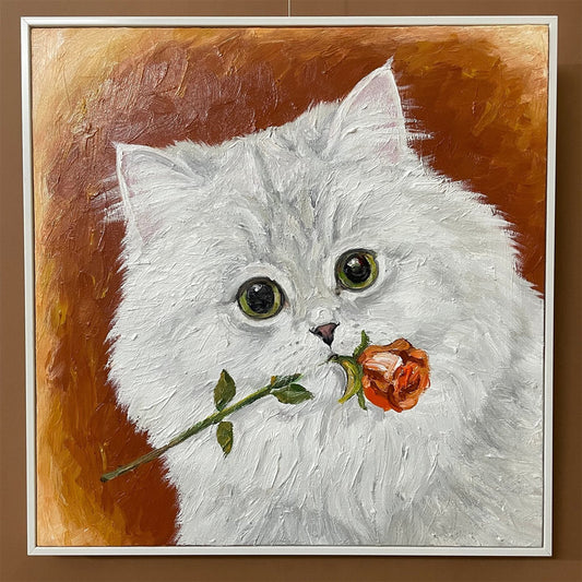 Rose-Bearing White Cat Oil Painting — complete artwork, square product image
