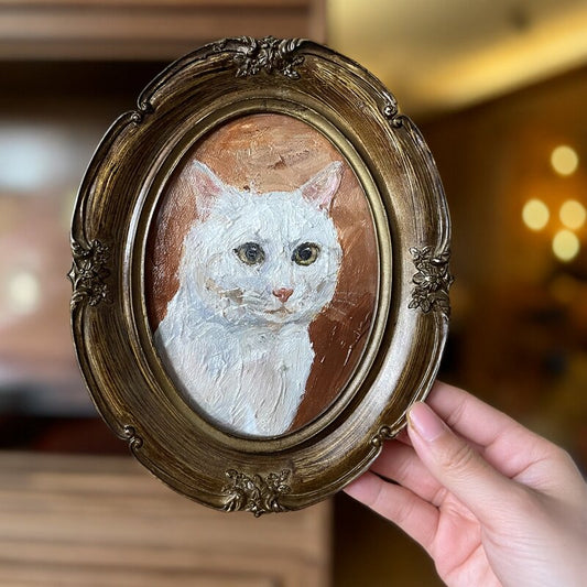 Vintage Oval White Cat Oil Painting — full artwork