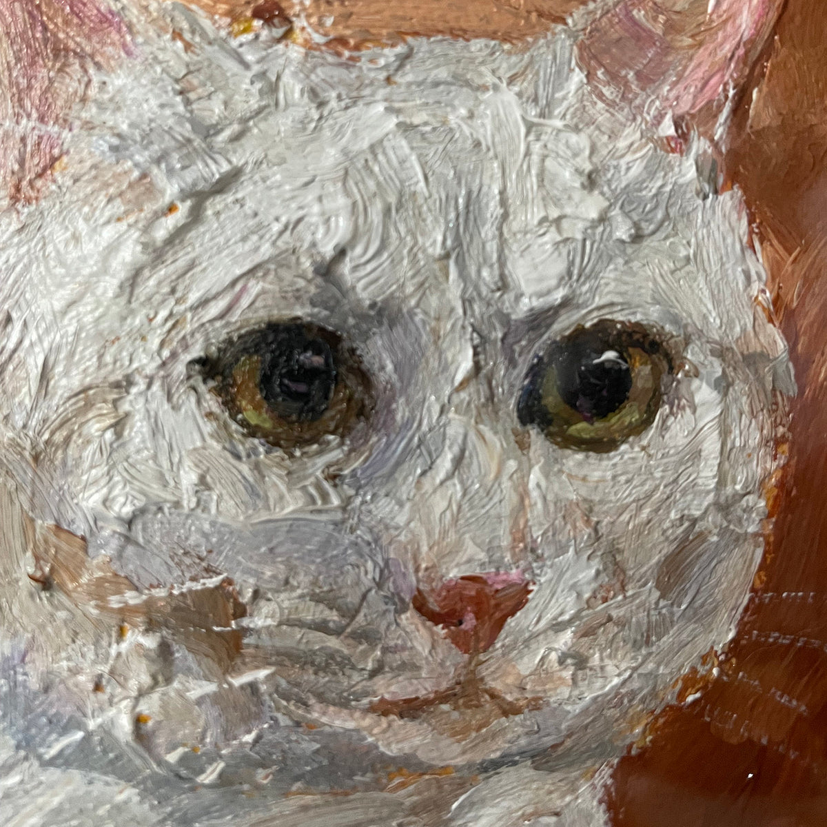 Vintage Oval White Cat Oil Painting — artwork detail and styling