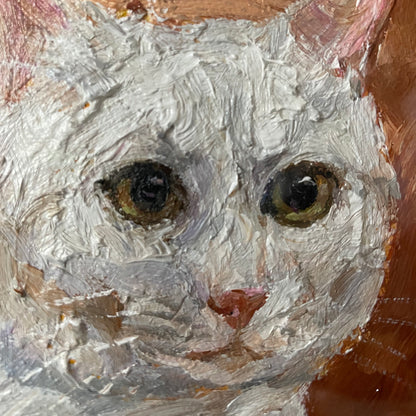Vintage Oval White Cat Oil Painting — artwork detail and styling